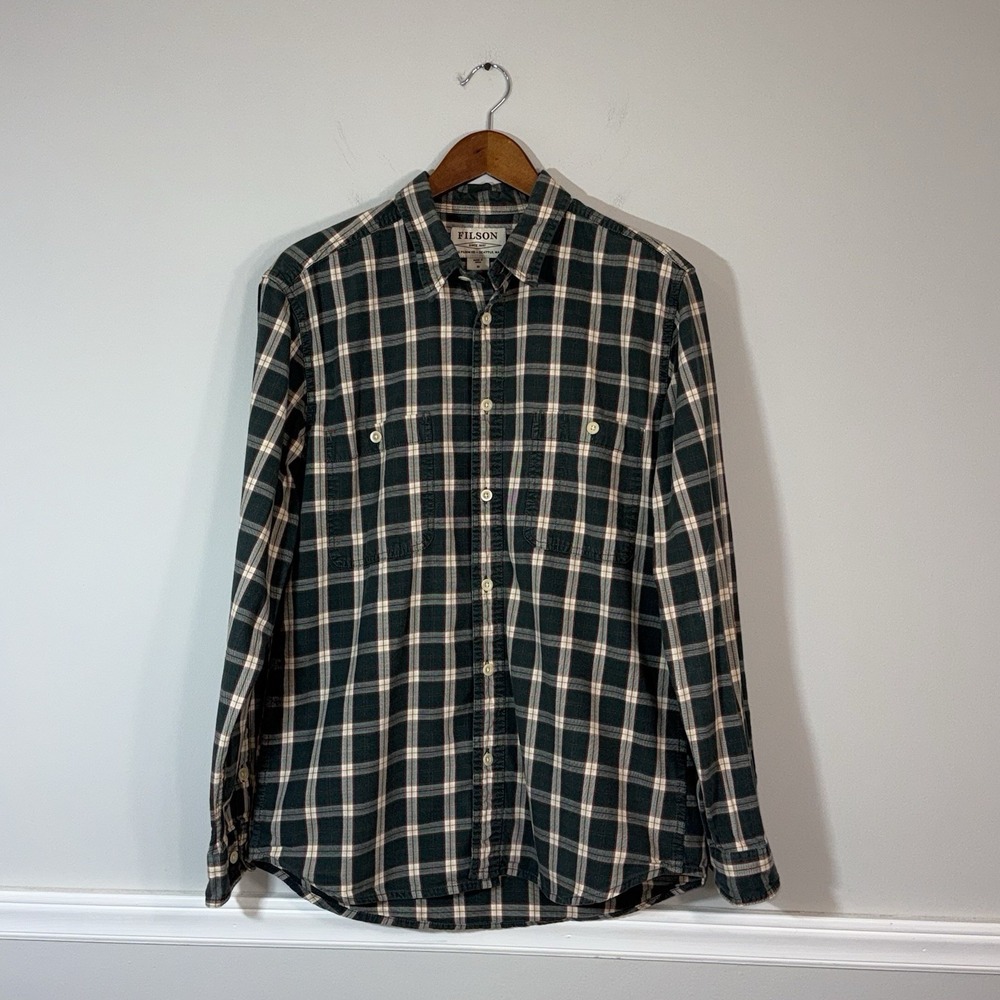 Filson Everyday Shirt Mens MD Green Cream Plaid Button Down Long Sleeve Cotton